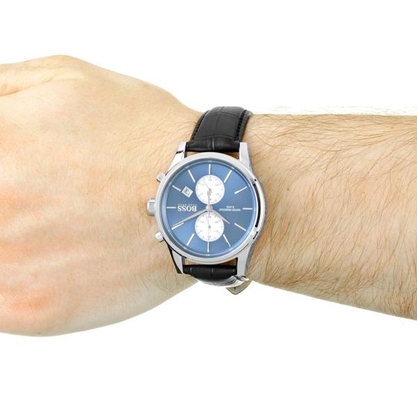 Hugo Boss Jet watch on wrist showing side profile with blue dial and chronograph subdials