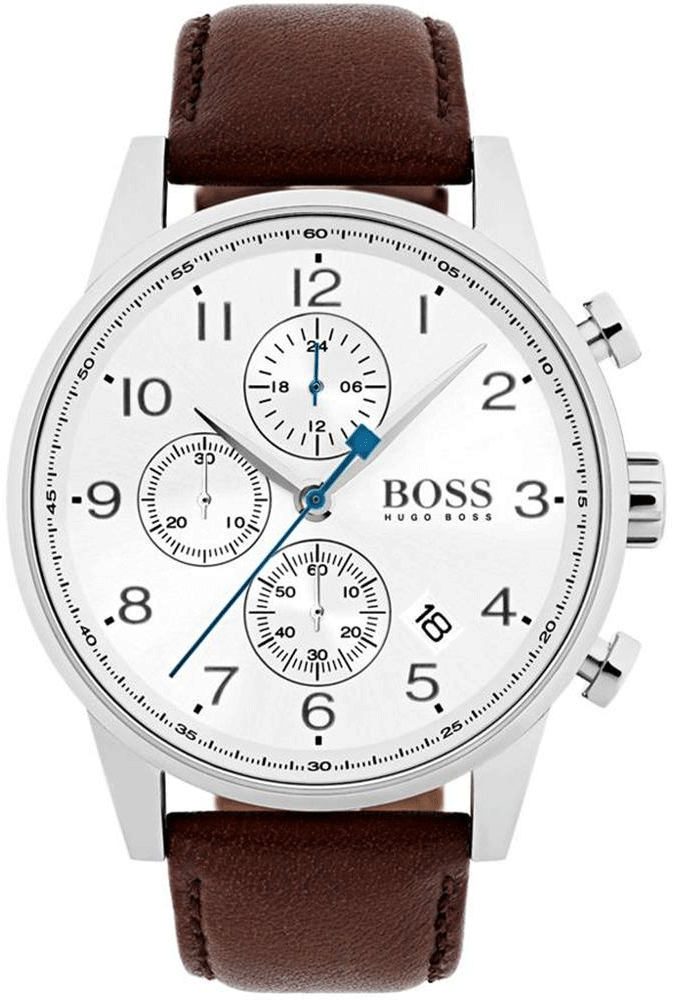 Hugo Boss Navigator Chronograph White Dial Brown Leather Strap Watch for Men - 1513495