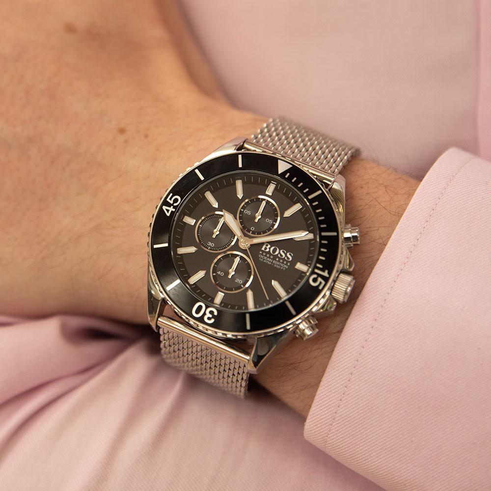 Hugo Boss Ocean Edition chronograph men's watch worn on wrist with stainless steel mesh