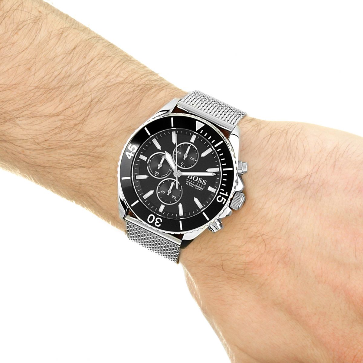 Hugo Boss Ocean Edition chronograph black dial watch on wrist with mesh strap