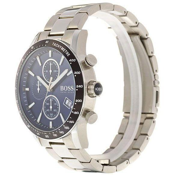 Hugo Boss Rafale watch shown at angle displaying blue dial and stainless steel bracelet detail