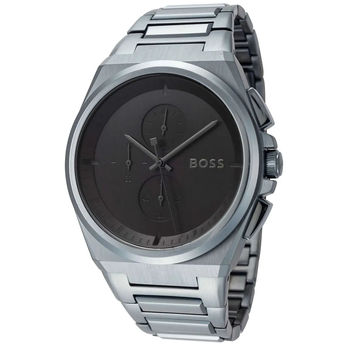 Hugo Boss Steer chronograph watch side view showing metal strap and case