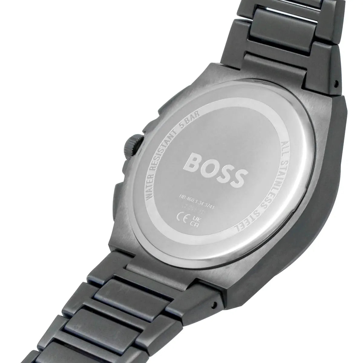 Hugo Boss Steer watch caseback detail with stainless steel finish