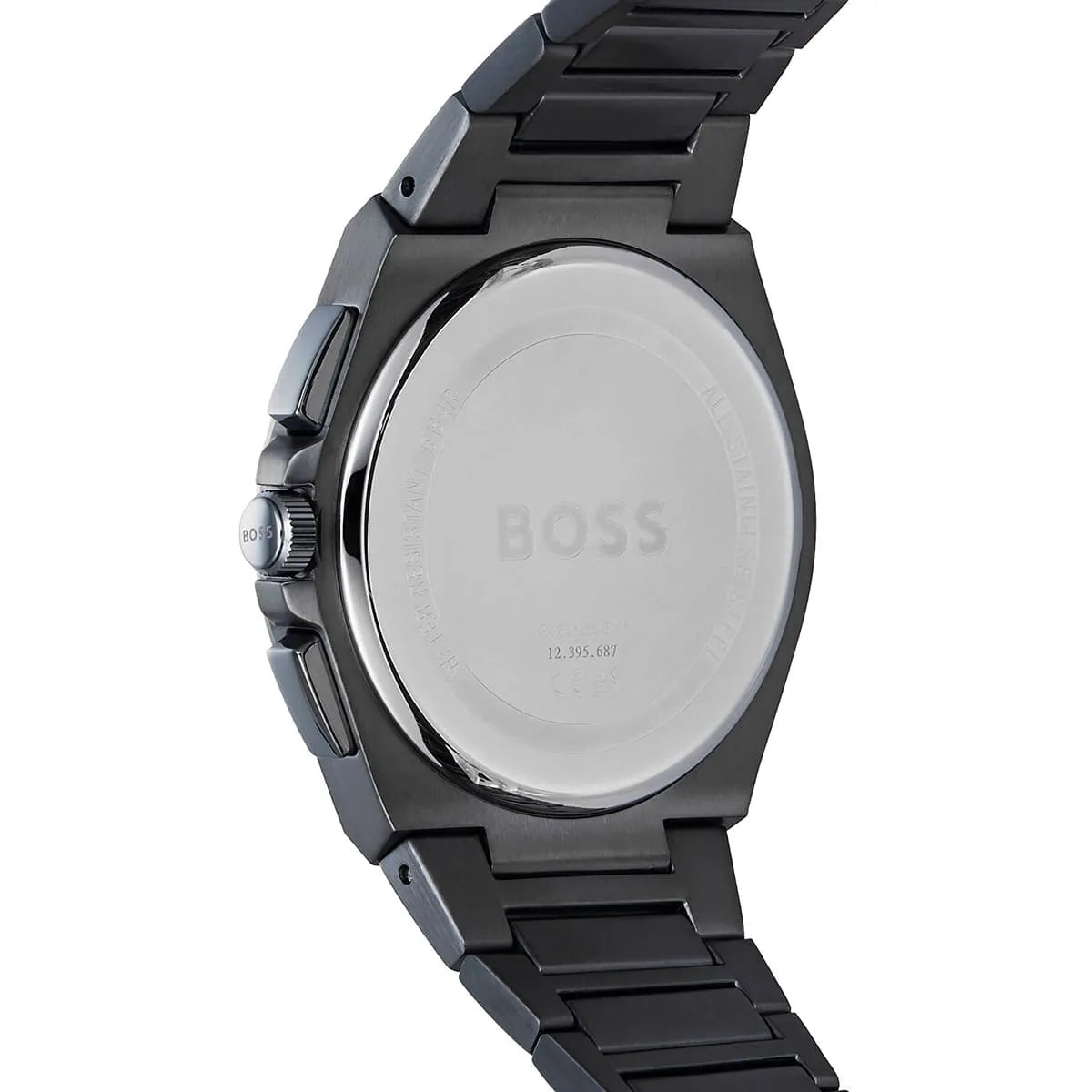 Hugo Boss Steer chronograph watch caseback showing steel case and markings