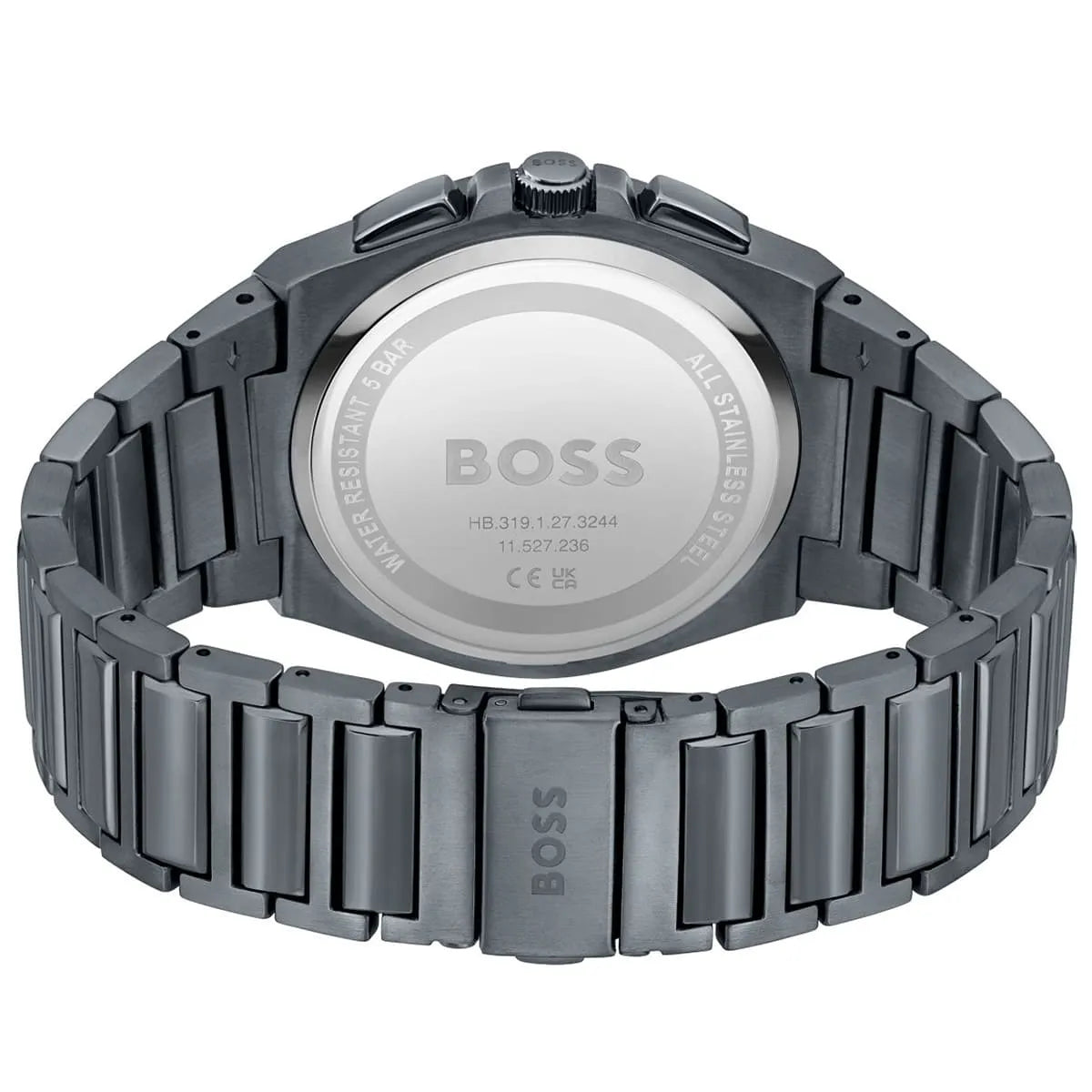Hugo Boss Steer watch caseback showing stainless steel with engraved branding