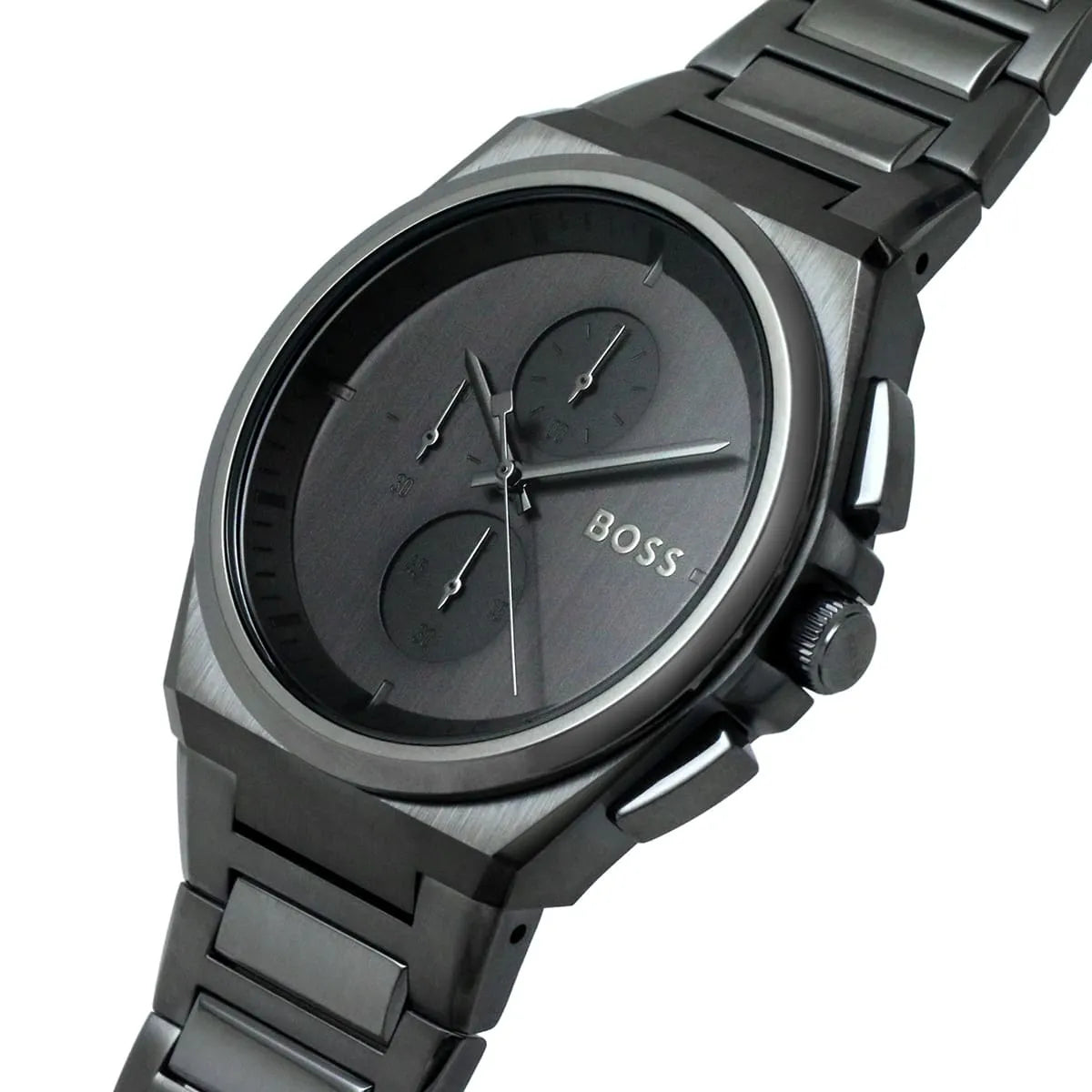 Hugo Boss Steer chronograph watch worn on wrist showing dial and strap