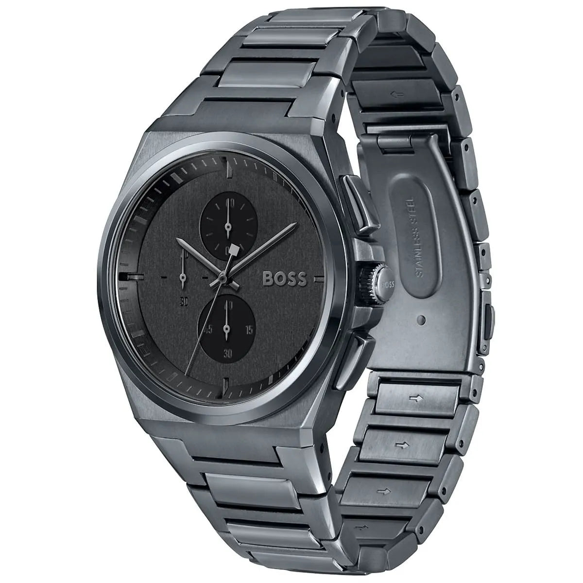 Hugo Boss Steer chronograph watch side profile with metal bracelet