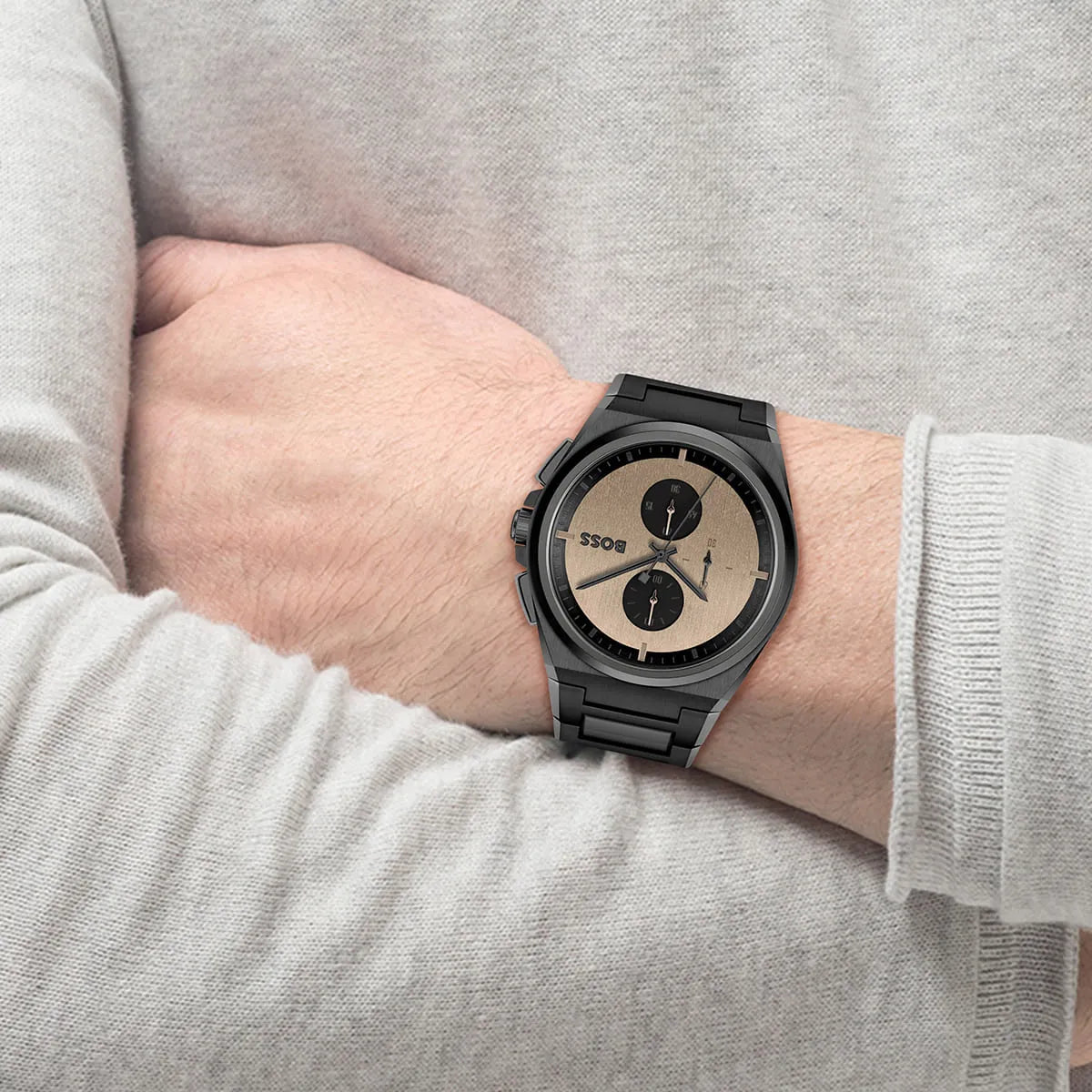 Hugo Boss Steer chronograph watch on wrist displaying brown face with chronograph subdials