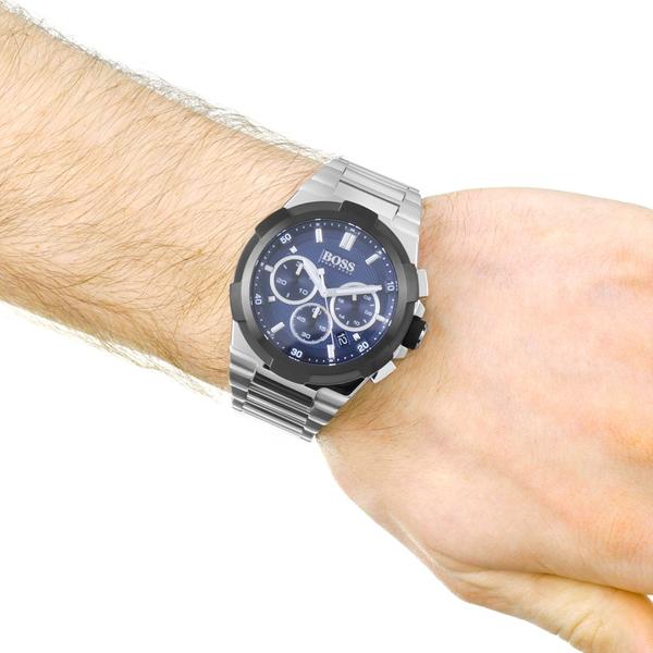 Hugo Boss Supernova chronograph on wrist with blue dial and steel bracelet