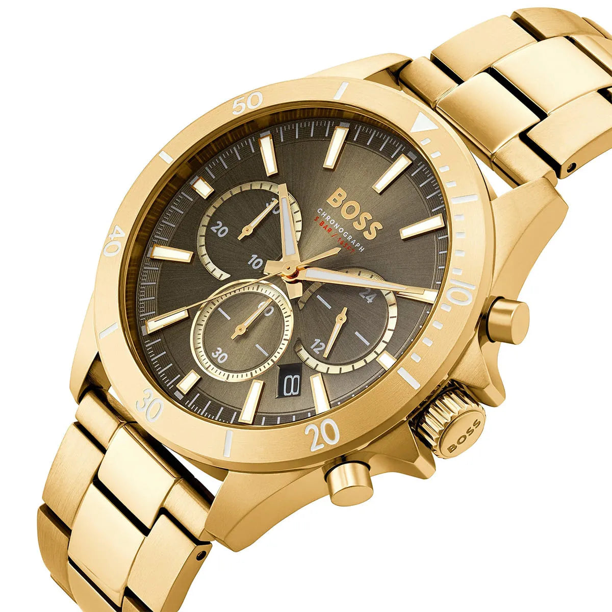 Hugo Boss Troper Chronograph Green Dial Gold Steel Strap Watch For Men - 1514059