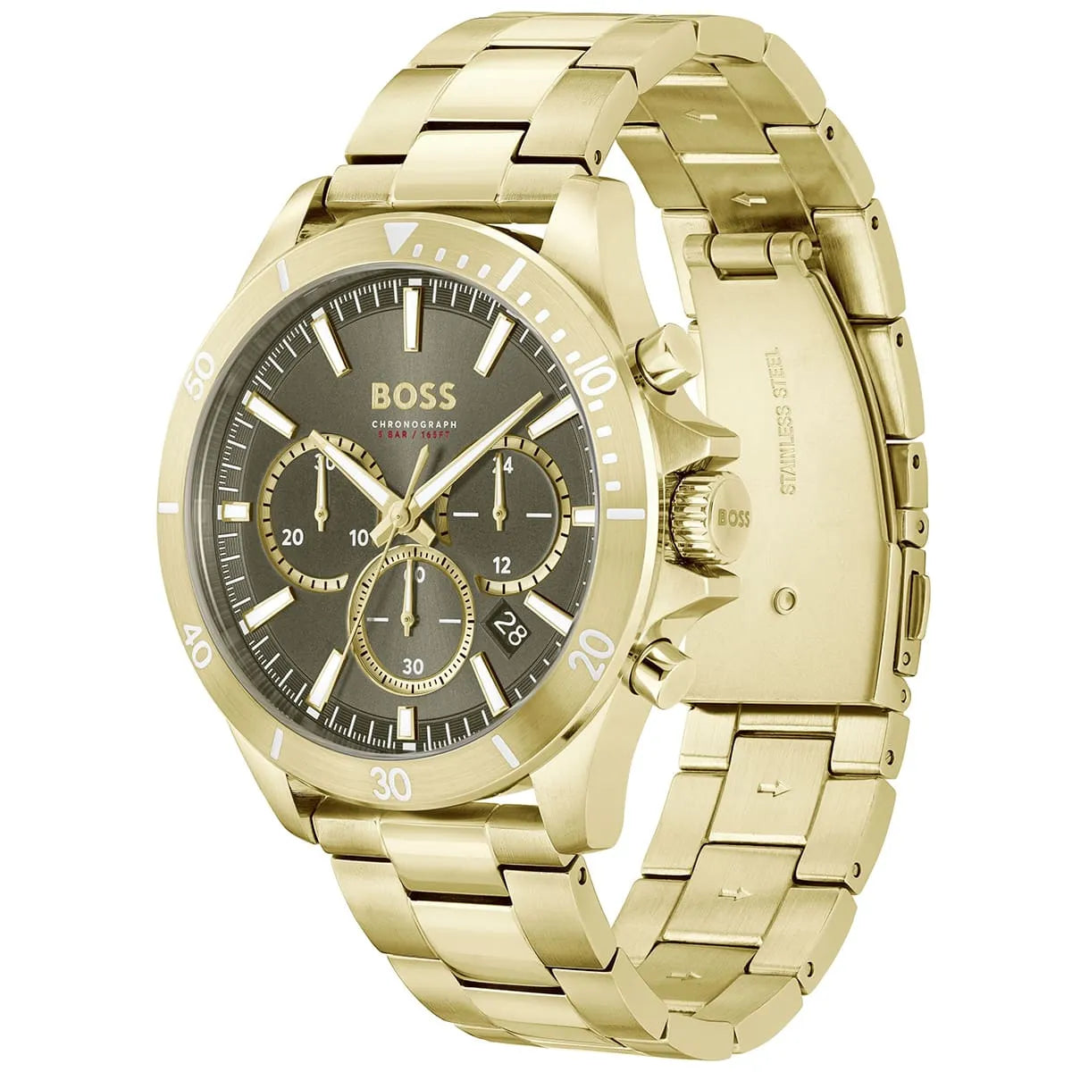 Hugo Boss Troper Chronograph Green Dial Gold Steel Strap Watch For Men - 1514059