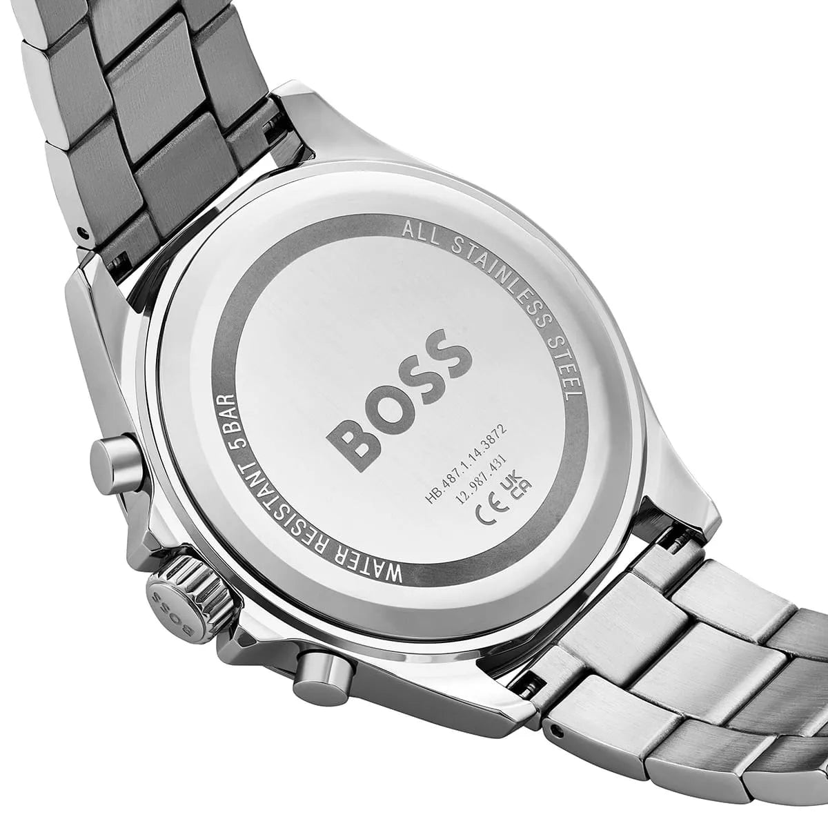 Hugo Boss Troper chronograph side view of case with silver bracelet