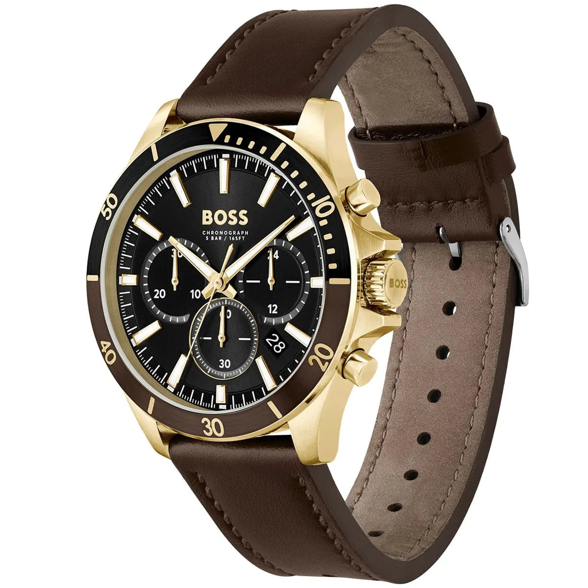 Hugo Boss Troper watch at angle showing brown leather strap and case side