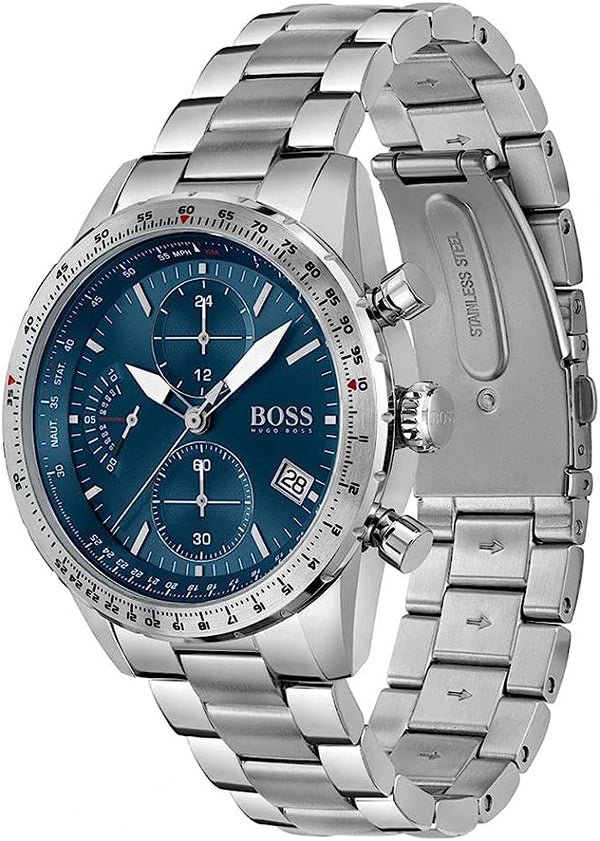Hugo Boss VANGUARD chronograph showing stainless steel bracelet and side profile