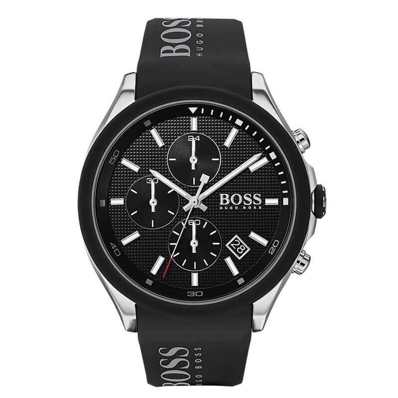 Hugo Boss Velocity Chronograph Black Dial Black Leather Strap Watch for Men - 1513716