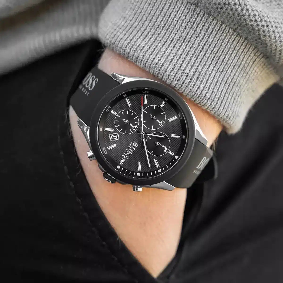 Hugo Boss Velocity Chronograph Black Dial Black Leather Strap Watch for Men - 1513716