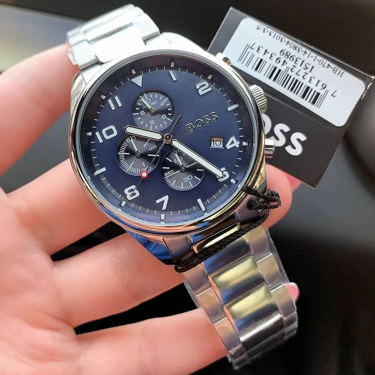 Hugo Boss View chronograph watch worn on wrist with product box visible