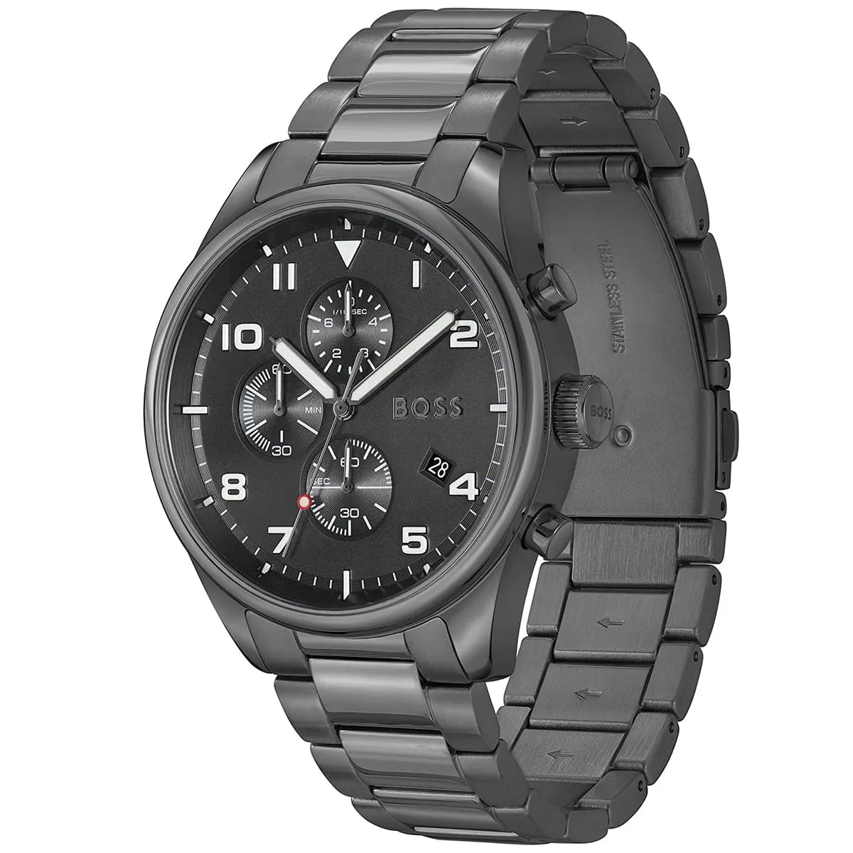 Hugo Boss View Chronograph grey steel watch three-quarter view