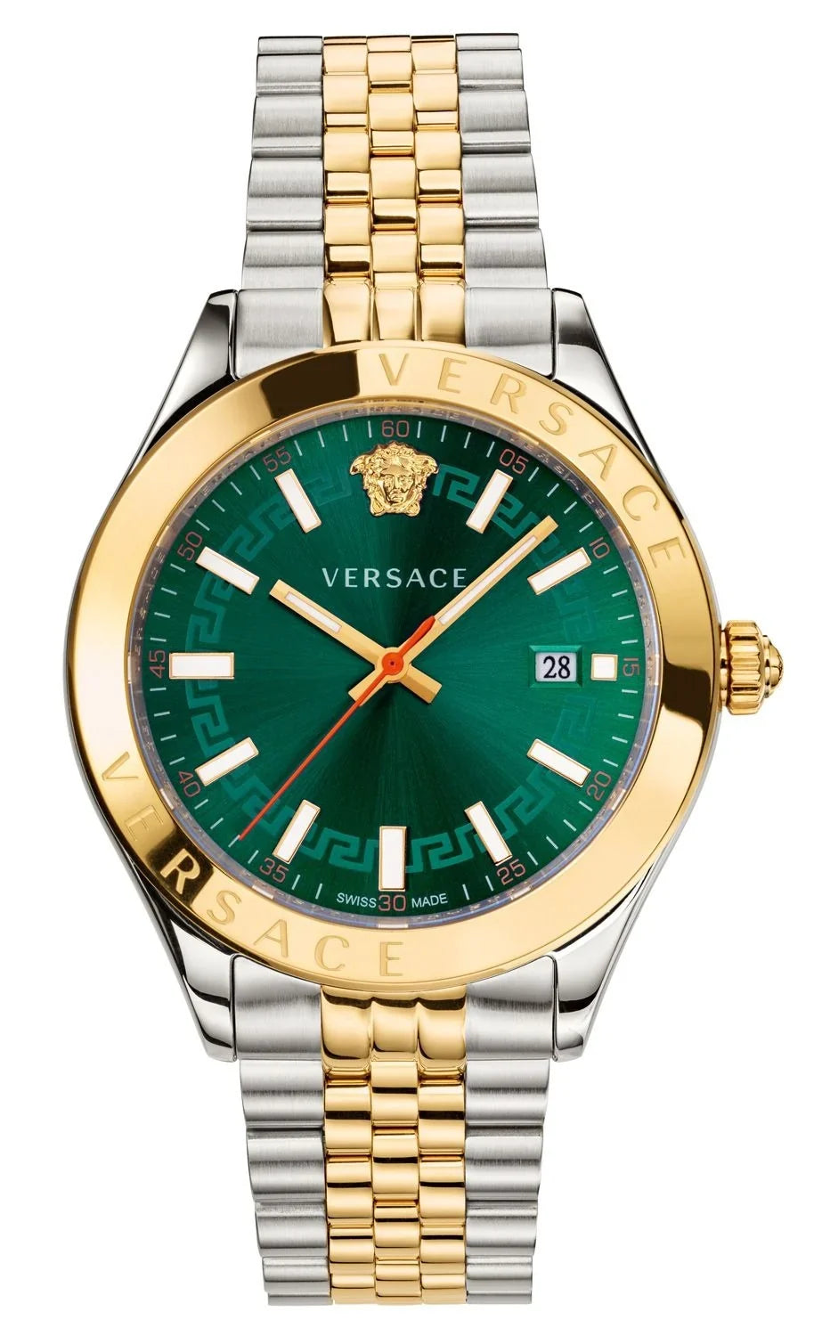 Versace watch with green face, gold and silver band on white background