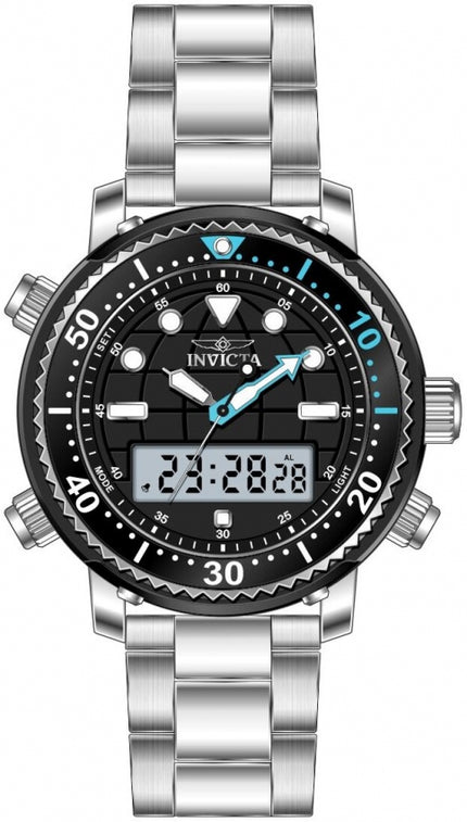 Invicta Pro Diver watch displayed full view showing analog dial with digital window and metal bracelet