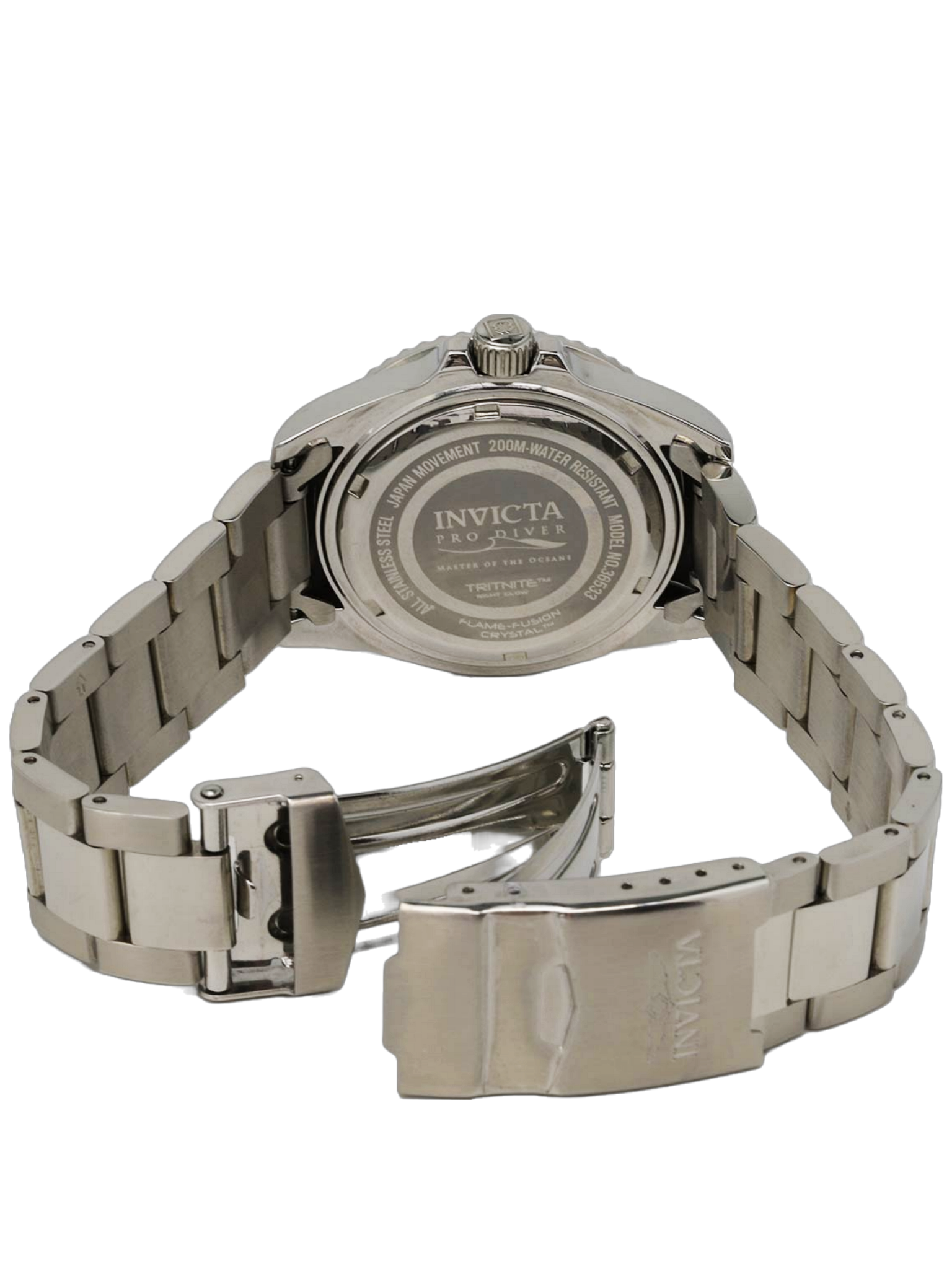 Invicta Pro Diver caseback with stainless steel bracelet and clasp visible