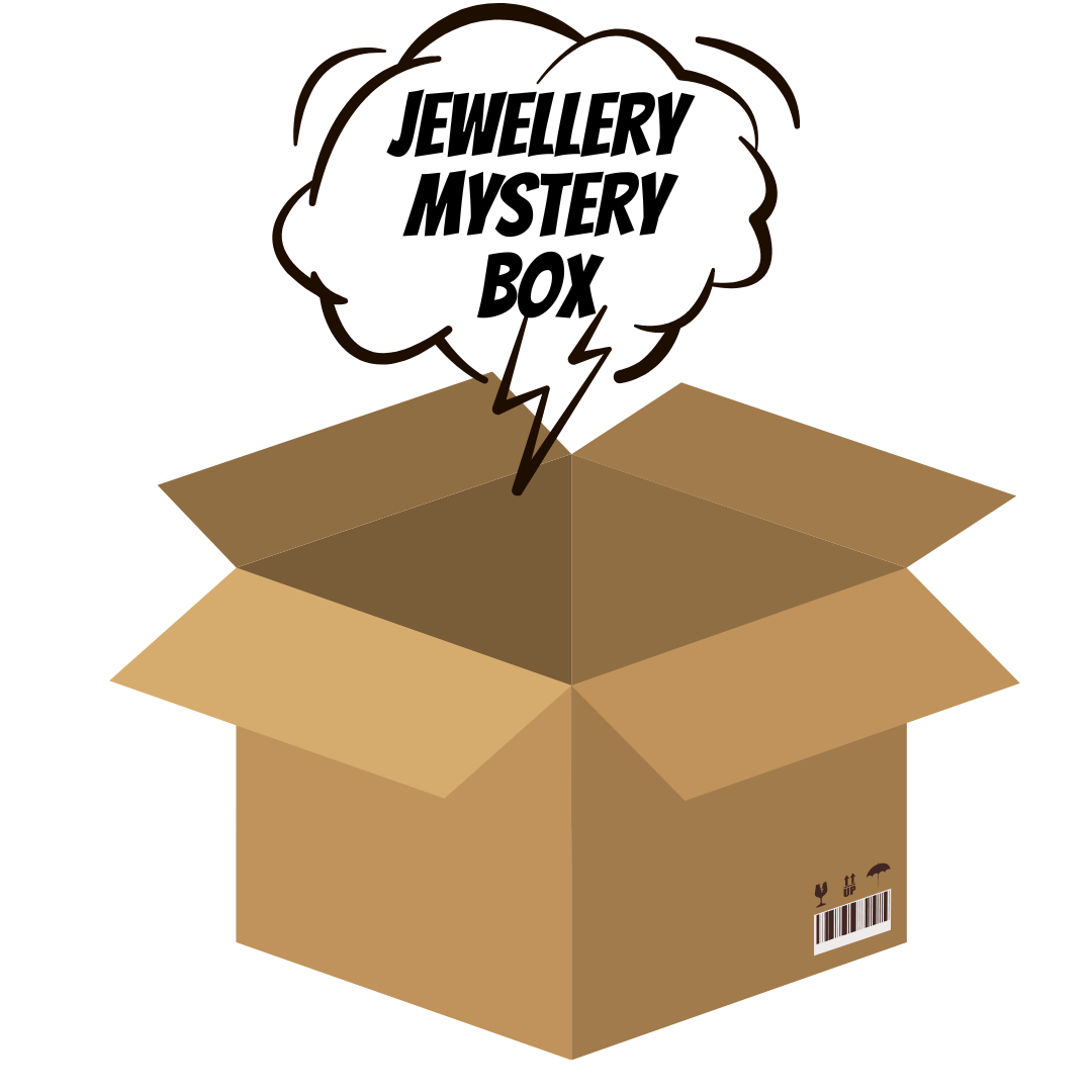 Illustrated cardboard box with 'Jewellery Mystery Box' speech bubble design