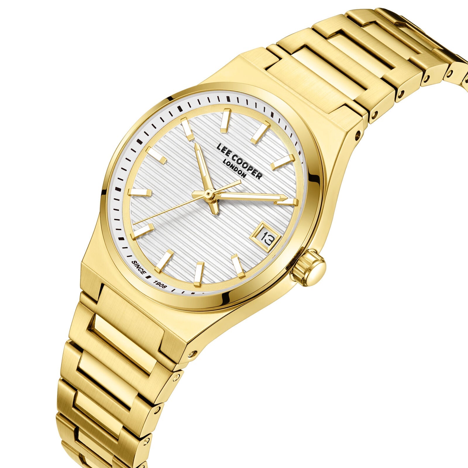 Lee Cooper Classic Date Window gold watch angled view showing dial and gold bracelet