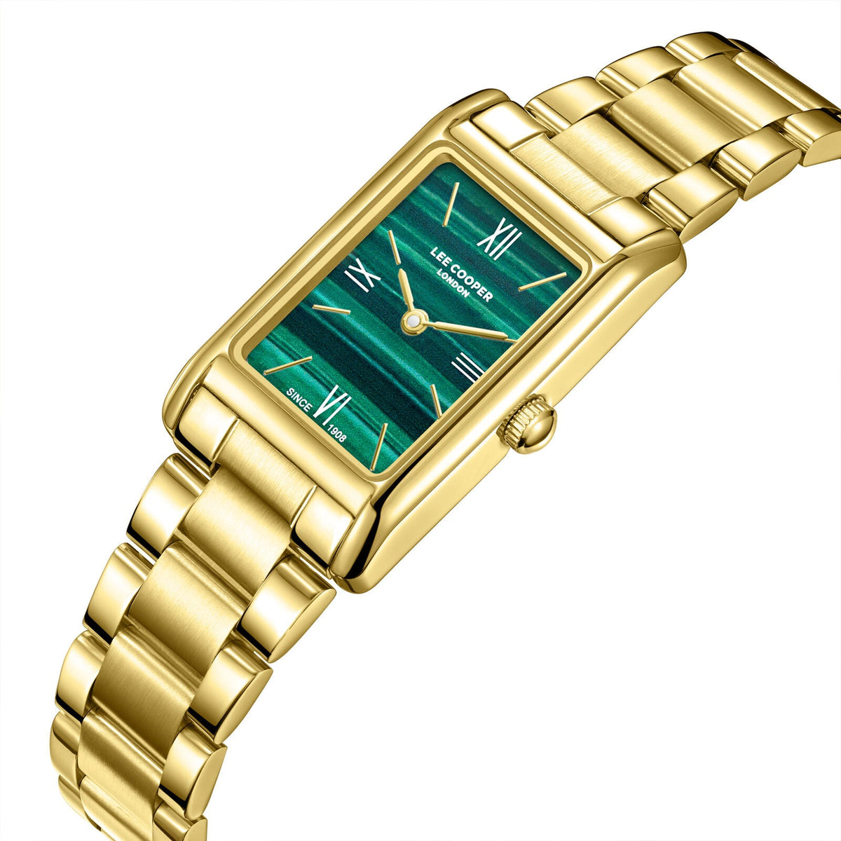 Lee Cooper Elegance rectangular watch with green dial displayed at angle on gold-tone bracelet