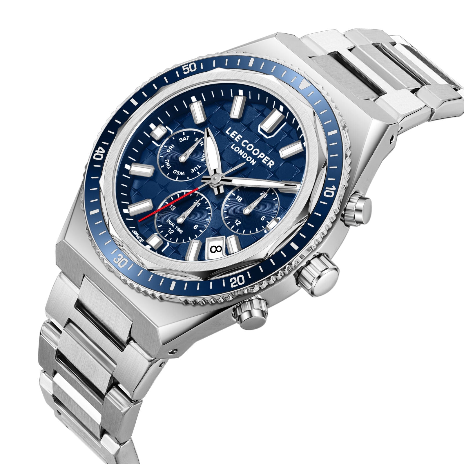 Lee Cooper Elias watch at angle showing blue dial, chronograph subdials, and silver bracelet