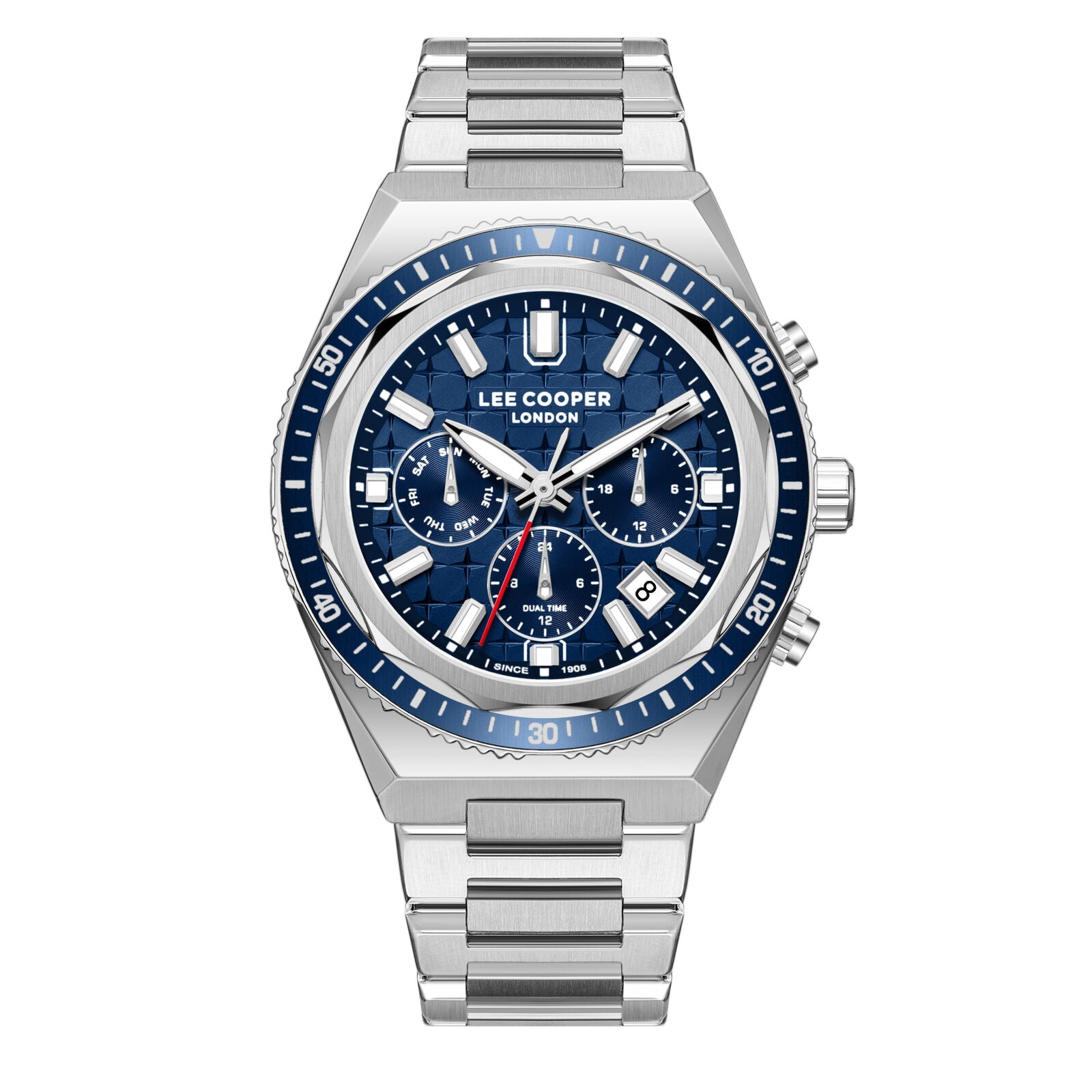 Lee Cooper Elias multifunction chronograph watch with blue dial and silver metal bracelet