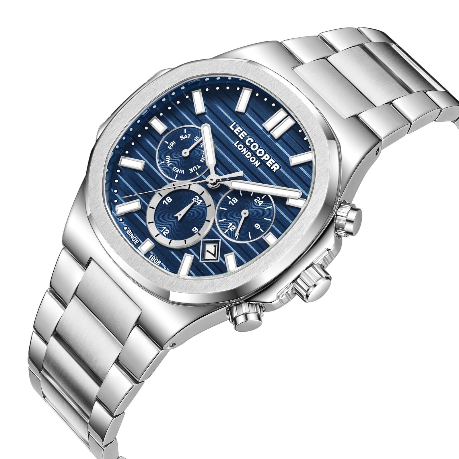 Lee Cooper Gauthier watch angled view showing blue dial with three subdials and silver bracelet
