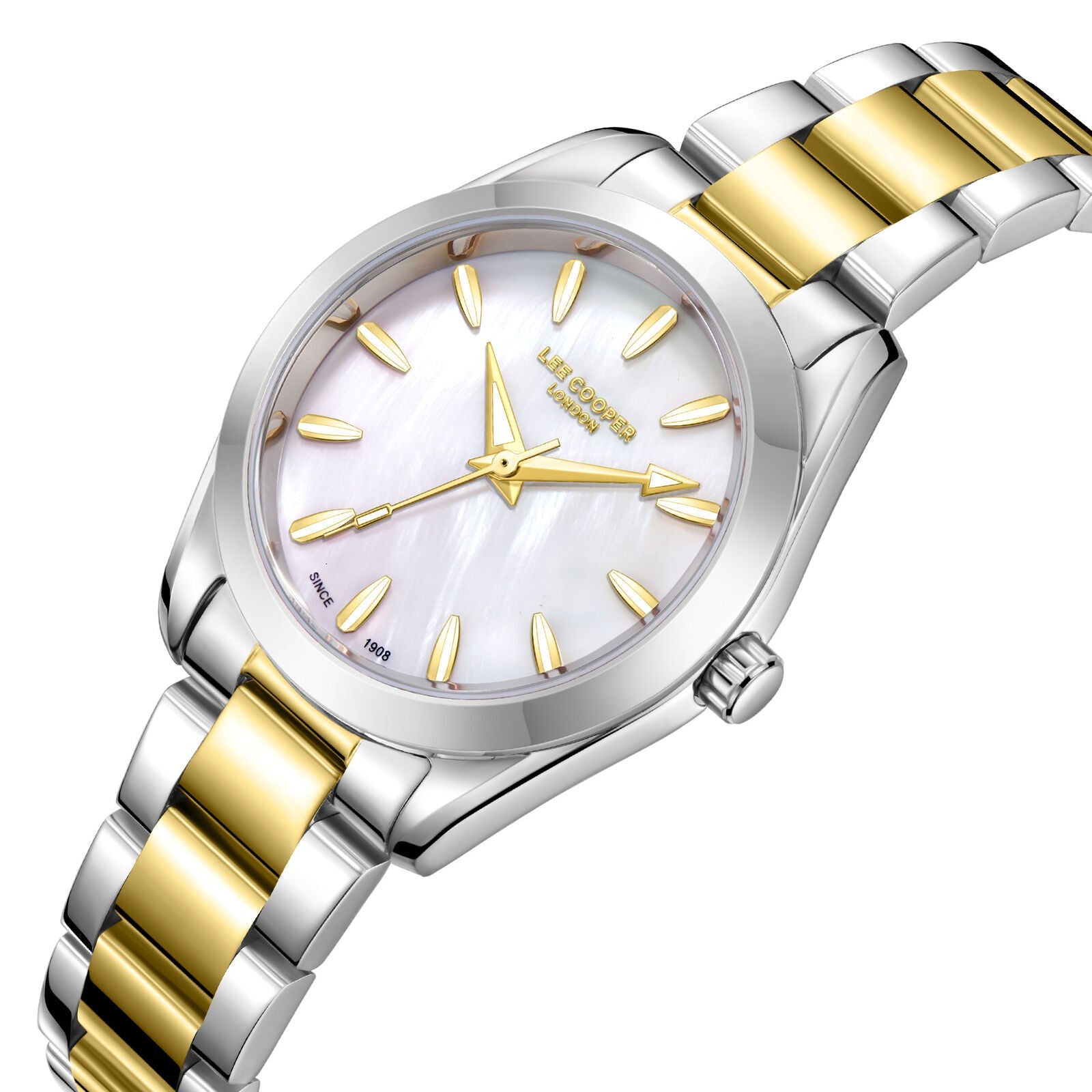 Lee Cooper Isabella watch with white MOP dial and two-tone bracelet at angle