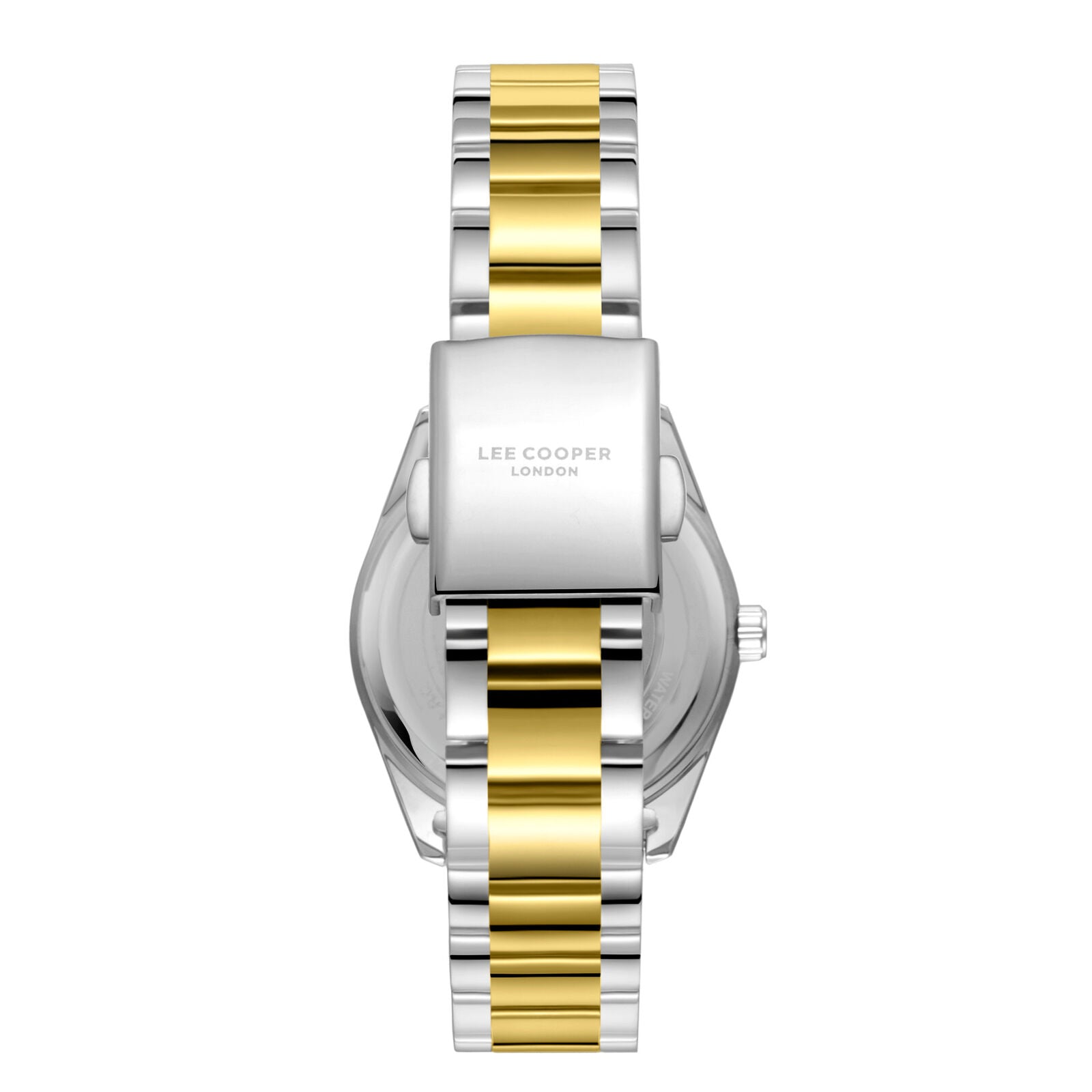 Lee Cooper Isabella caseback showing silver case and two-tone bracelet detail