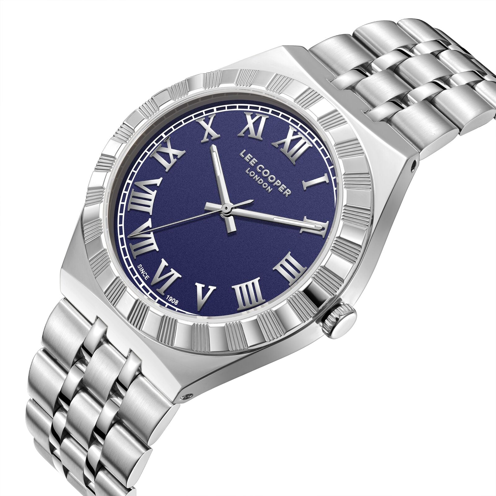 Lee Cooper Jayden watch at angle showing silver bracelet and blue dial with white hands