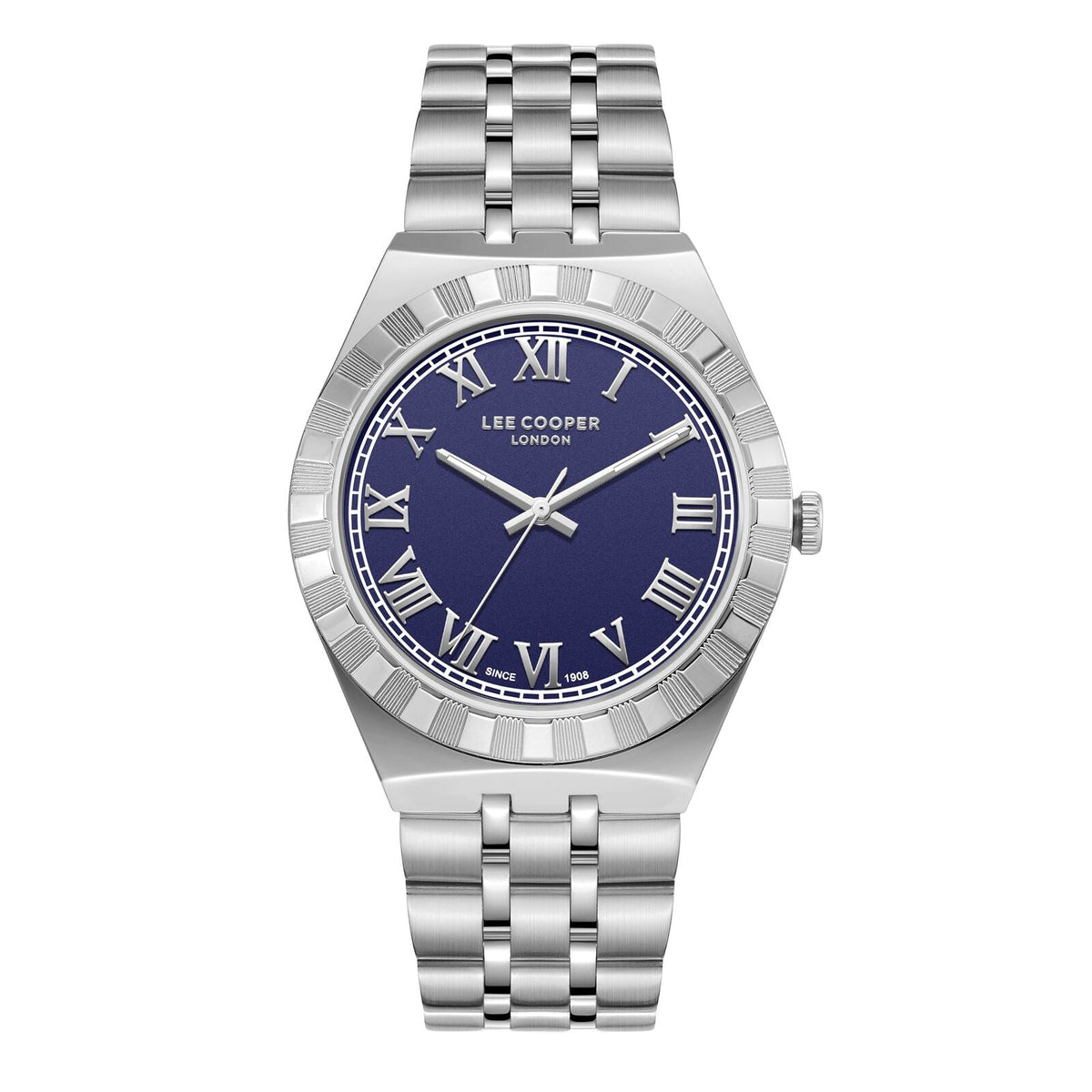 Lee Cooper Jayden silver men's watch with blue dial and Roman numeral hour markers