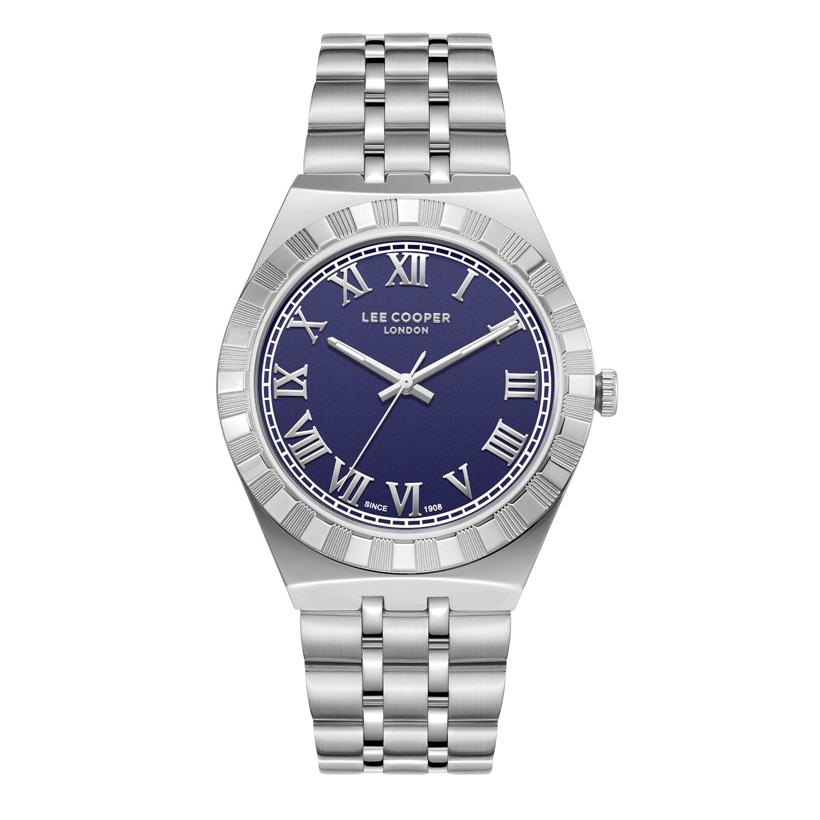 Lee Cooper Jayden silver men's watch with blue dial and Roman numeral hour markers