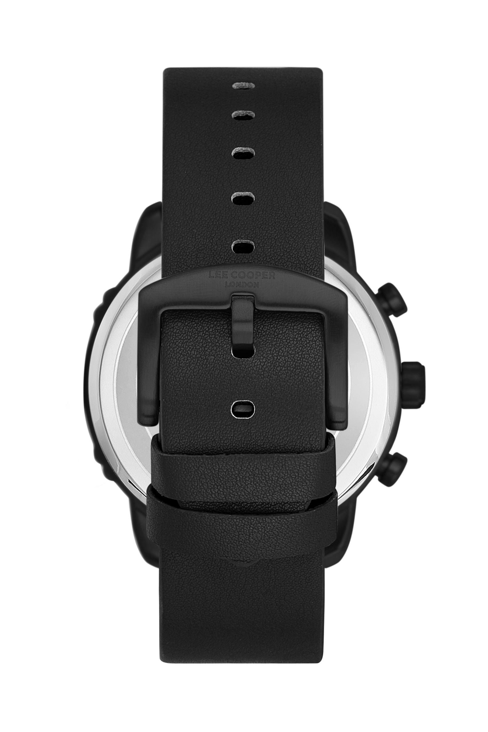 Caseback view of Lee Cooper LC06506.661-NL showing black dial and leather strap attachment
