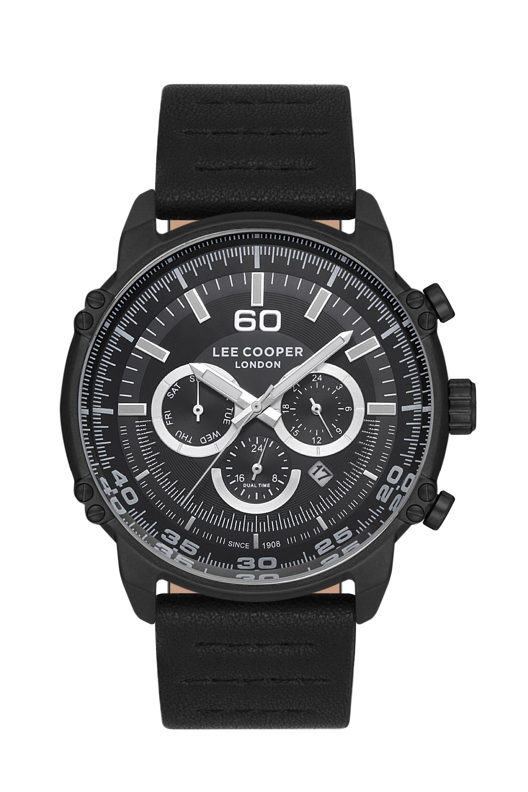 Lee Cooper LC06506.661-NL men's black chronograph watch with three subdials and black leather strap