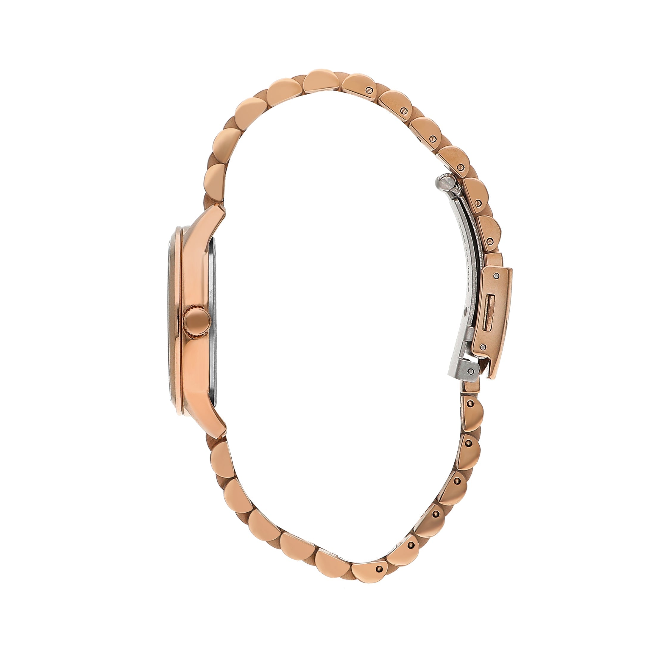 Rose gold-tone stainless steel bracelet with segmented links and fold-over clasp