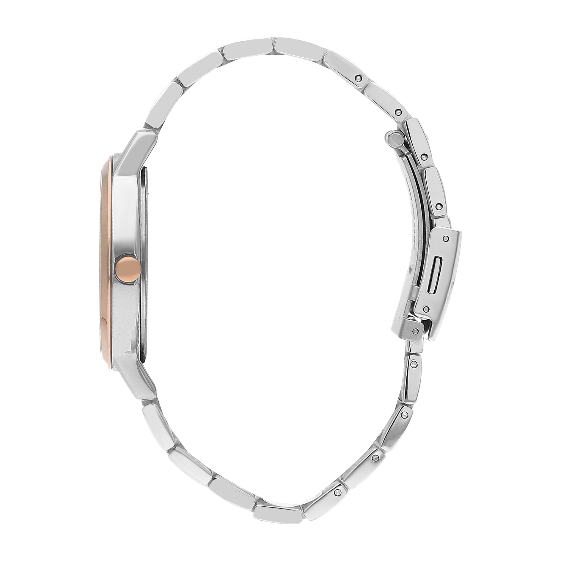 Side view of Lee Cooper Elegance watch showing two-toned metal strap and rose gold accents