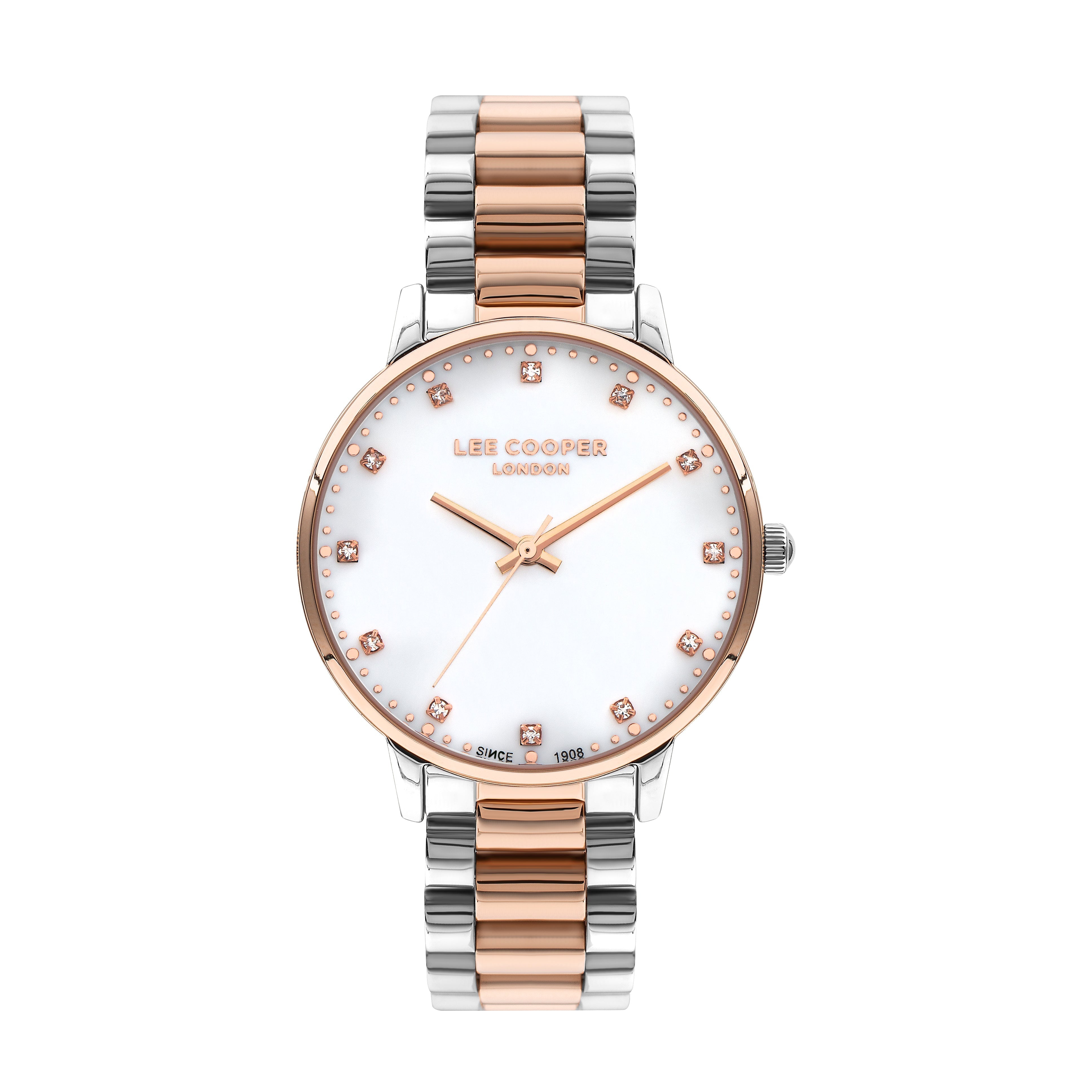 Lee Cooper Classic White MOP Dial Two Tone Watch with rose gold and silver stainless steel bracelet