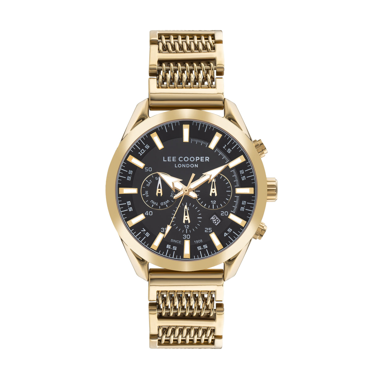 Lee Cooper gold chronograph watch with black dial and gold stainless steel bracelet