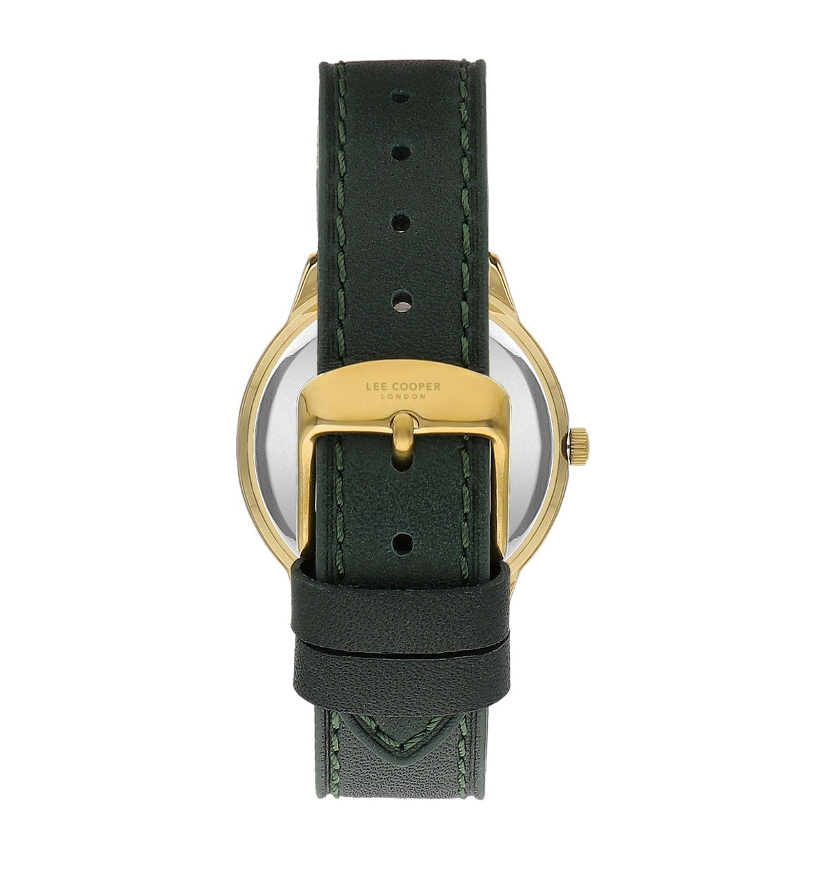 Lee Cooper LC07932.177 watch rear view showing caseback and leather strap buckle