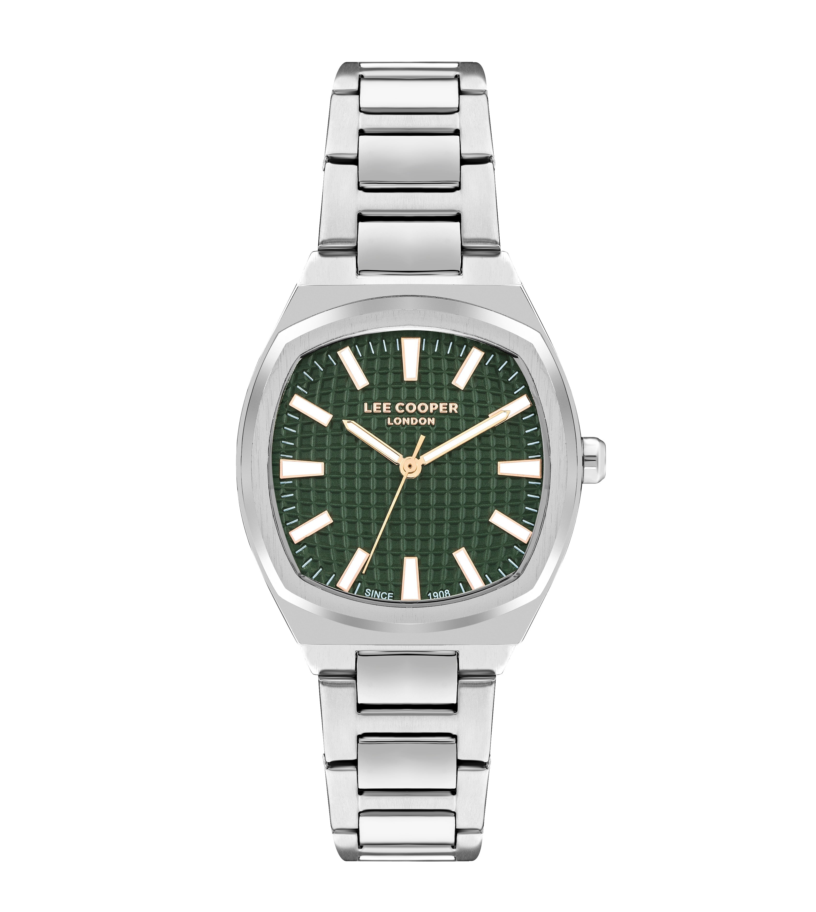 Lee Cooper women's 33mm silver watch with green dial and silver bracelet strap