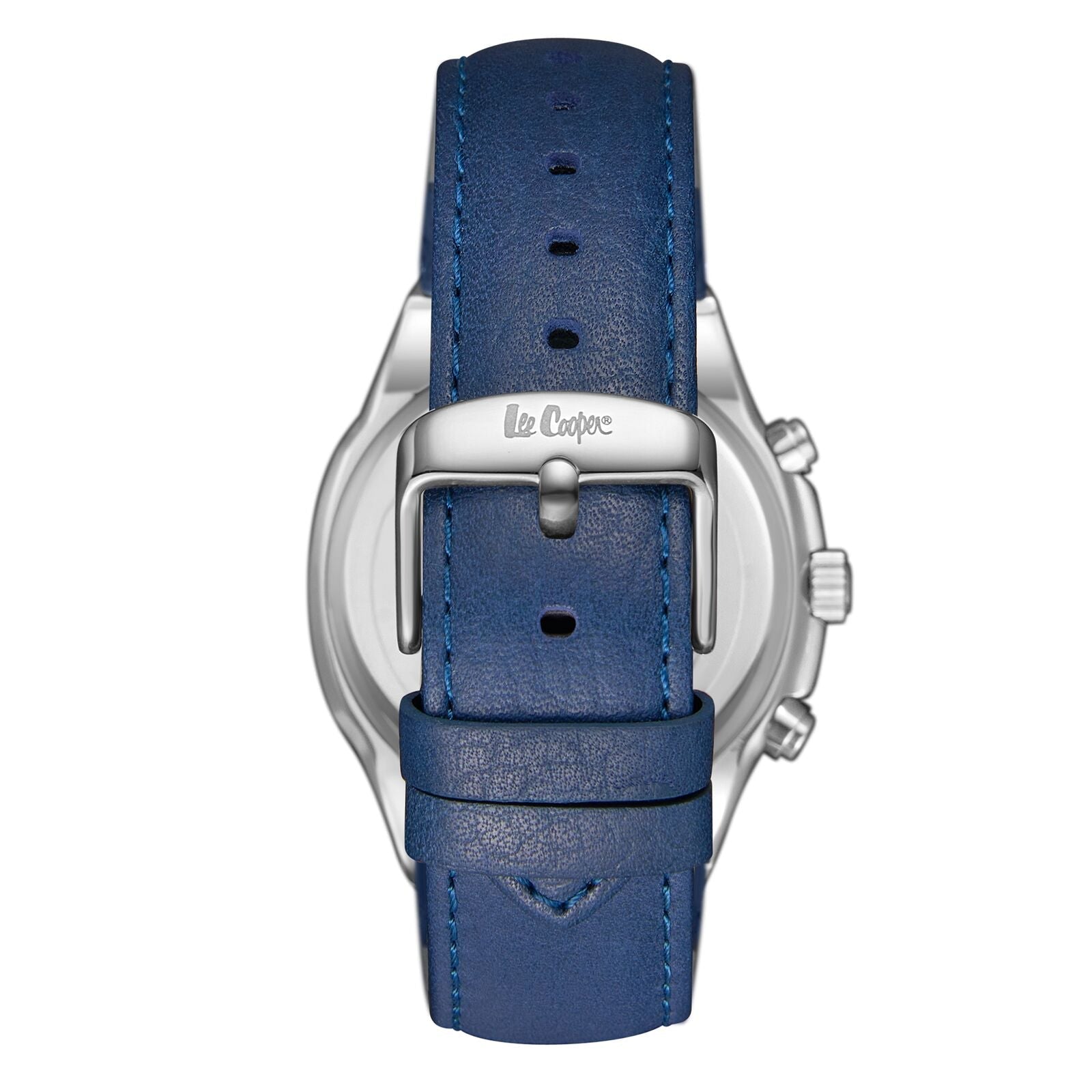 Lee Cooper LC07992.399 watch caseback view showing blue leather strap with silver buckle