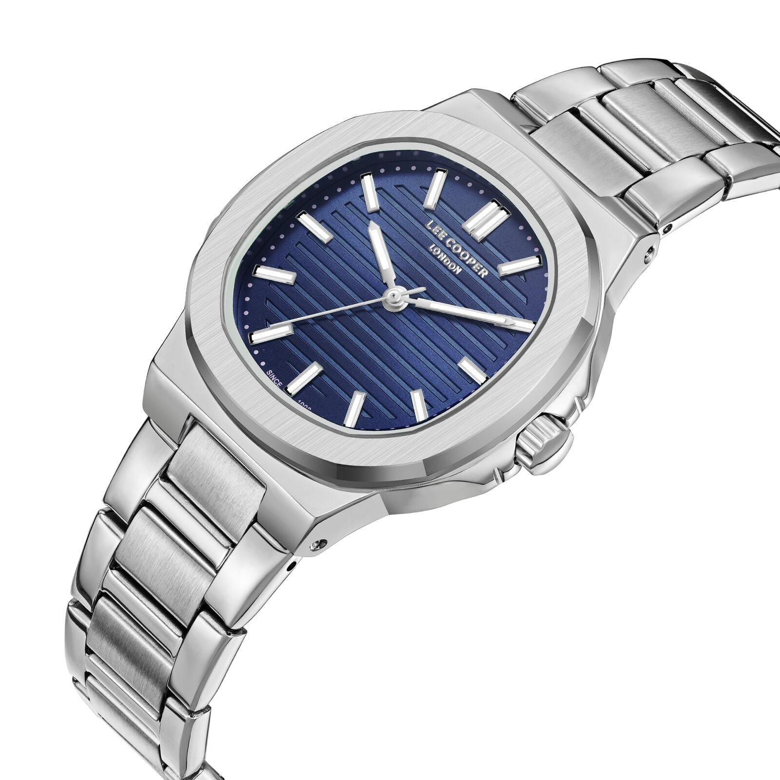 Lee Cooper LC08017.390 watch at angle showing silver bracelet and blue dial