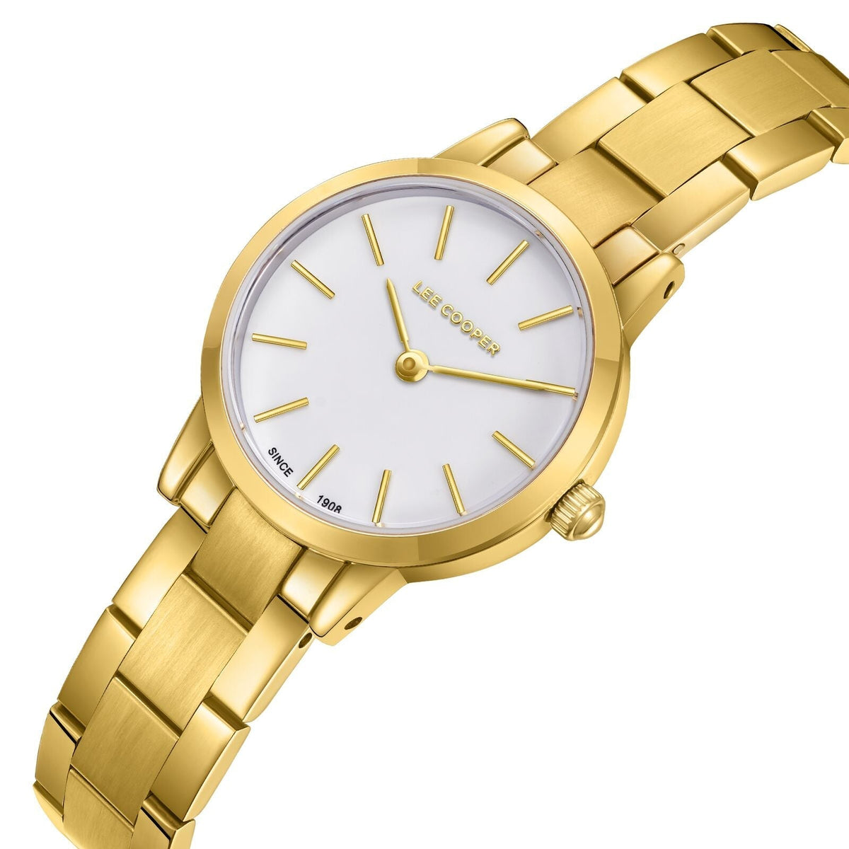 Lee Cooper LC08098.120 gold watch at angle showing white dial and gold bracelet