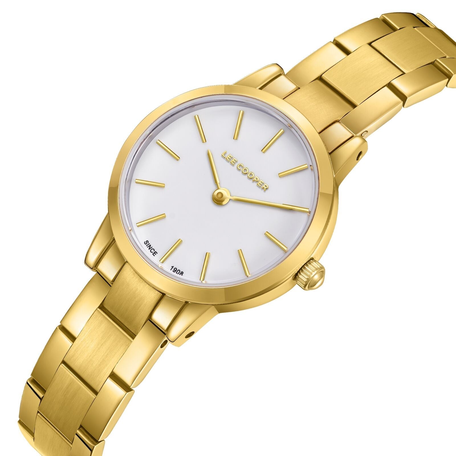 Lee Cooper LC08098.120 gold watch at angle showing white dial and gold bracelet