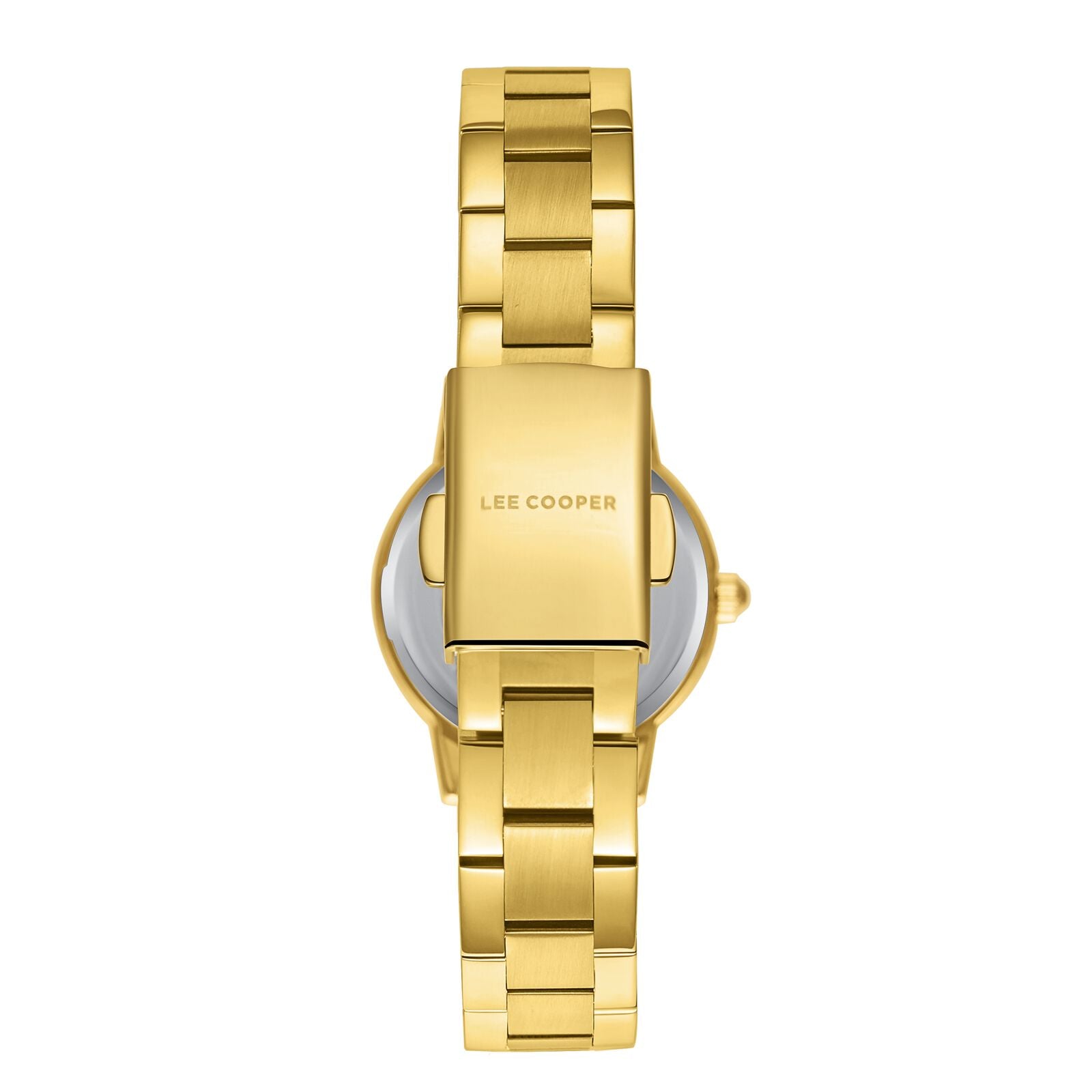 Lee Cooper LC08098.120 caseback showing gold-tone case and engraved bracelet