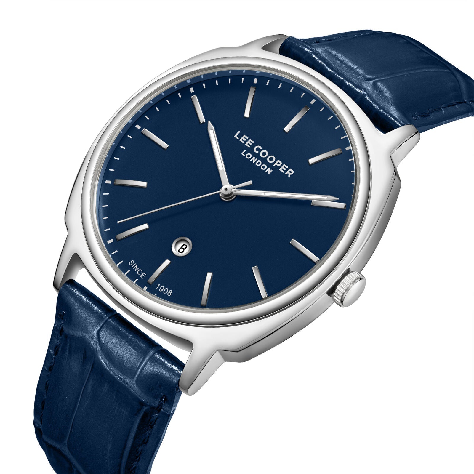 Lee Cooper Date Window Navy Blue Dial and Genuine Leather Silver Watch - LC08248.399